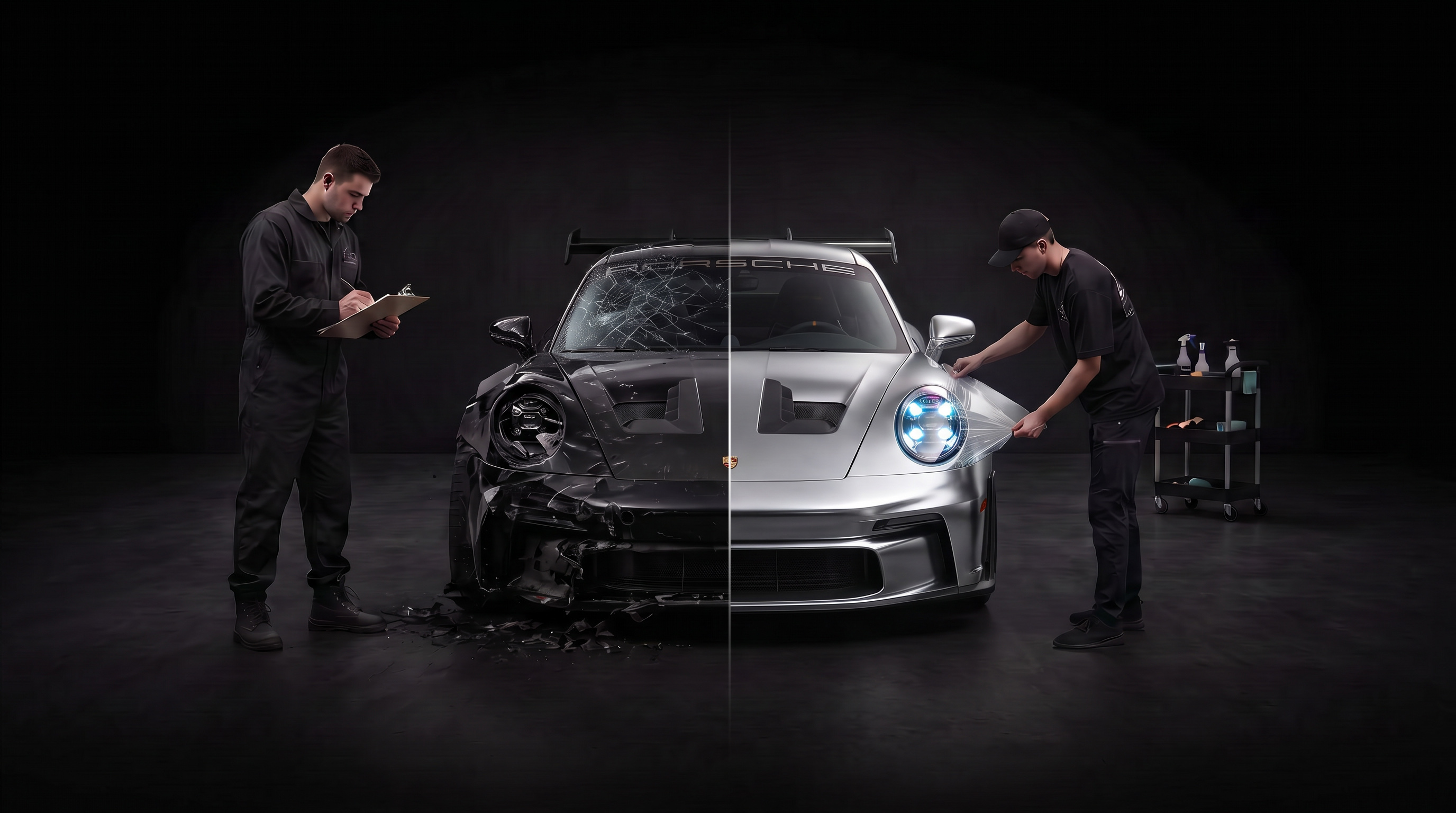 Damaged and freshly repaired sports car side by side at AZ Auto Collision Center